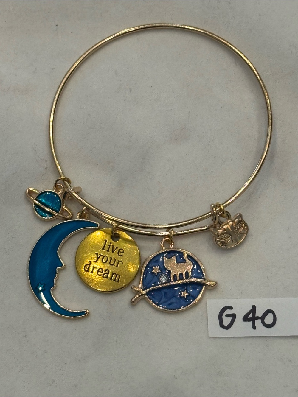G40 Moon Star Dream Blue Cat Charm Bangle Bracelet